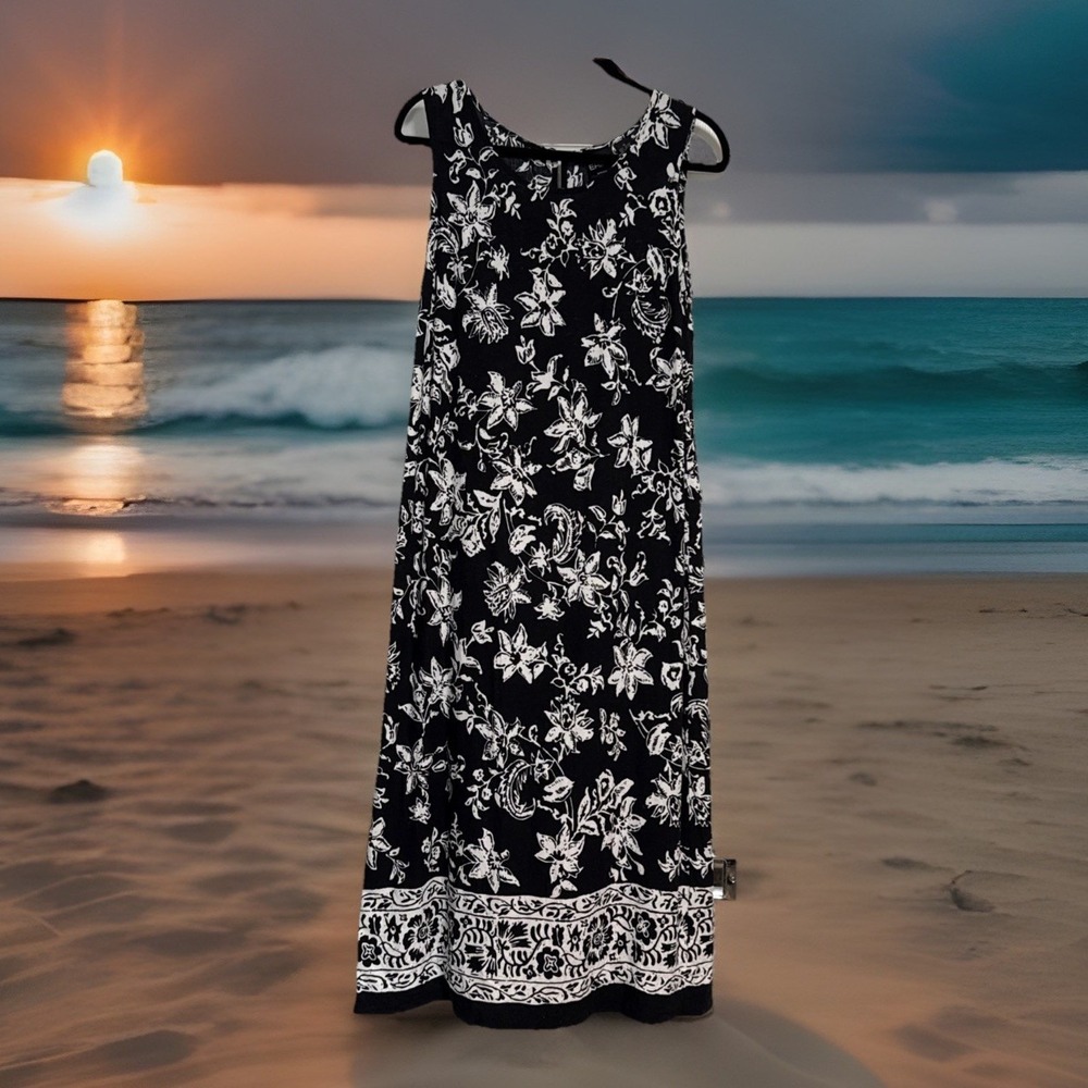 Womens Sleeveless Floral Black M Cotton Dress Summer Light Vacay Sea Cruise Ship